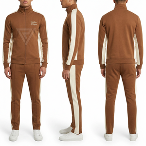 Ensemble de survêtement marron pour homme, sweat-shirt à fermeture éclair intégrale, pantalon de jogging, couleur unie, logo brodé, tenue décontractée d'automne, assorti à des baskets blanches - Product Image 1