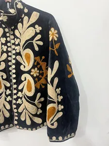 Luxury Black <b>Velvet</b> Floral Embroidered Suzani <b>Jacket</b> Full Sleeve Stand Collar Handmade Bohemian Style Winter <b>Jacket</b> - Product Image 3