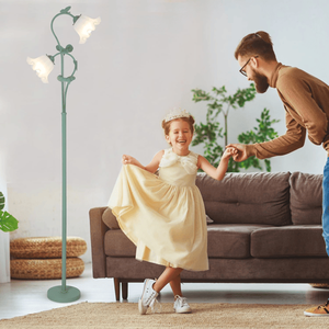 Lampada da Terra Vintage Verde con Paralume in Acrilico, 2 LED da 5W, Interruttore a Pedale, Design Floreale per Soggiorno - Product Image 6