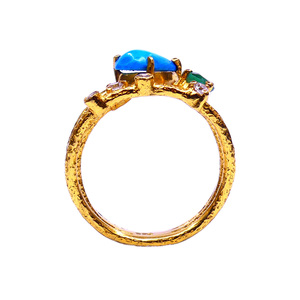 Bohemian <b>Gold</b> <b>Ring</b> With <b>Turquoise</b> And Emerald Gemstones Prong Setting Round Diamonds Unisex Everyday Wear Style - Product Image 3