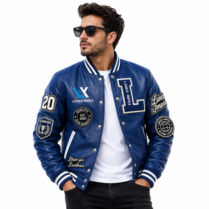 Custom Blue Color Varsity Letterman <b>Jacket</b> <b>Men</b> PU Leather Baseball College <b>Jacket</b> Embroidered Chenille Patch Bomber <b>Jacket</b> OEM - Product Image 2
