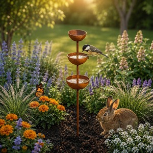 Mangeoire pour oiseaux à fixation au sol, décoration de jardin extérieure, résistante aux intempéries, fixation sur piquet, finition naturelle, bain pour oiseaux - Product Image 4