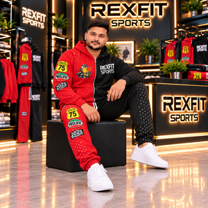 Rexfit sports 2026 New Custom Red <b>Black</b> <b>Zip</b> <b>Hoodie</b> Tracksuit Set Men’s Color Block Jogger Sportswear Matching Set - Product Image 3