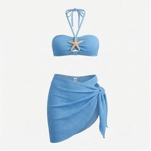 Ensemble bikini bandeau bleu pour femme avec décoration étoile de mer et jupe portefeuille, maillot de bain deux pièces - Product Image 1