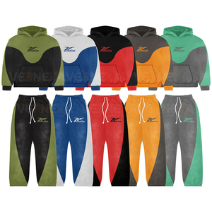 100% Cotton Unisex Color Blocking Tracksuit Hooded Full Sleeve Drawstring Pants Sun Fade Sweatsuit Casual Autumn Street Wear - Product Image 1