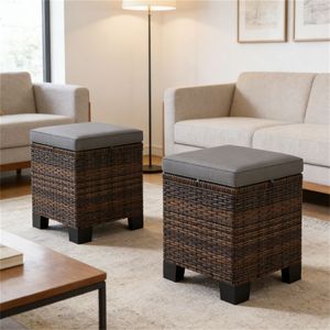 Two-Piece Outdoor Rattan <b>Stool</b> with <b>Cushion</b> for Terraces-Footstool Ottomans - Product Image 1