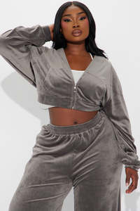 <b>Women</b> <b>Grey</b> Velour Cropped Hoodie & Jogger Set Full Sleeve Zipper Closure Loose Fit Solid Color <b>Tracksuit</b> Casual Wear Style - Product Image 6