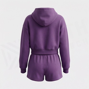 <b>Women's</b> 2 Piece Hooded Sweatshirt <b>Set</b> With Embroidered Flower Design Casual Fleece Shorts Outfit Above Knee Length - Product Image 2