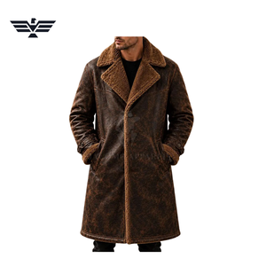 Veste de moto pour homme en cuir PU marron longue et ajustée, doublure en fausse fourrure, col montant, coupe-vent, style vintage, fermeture éclair - Product Image 5