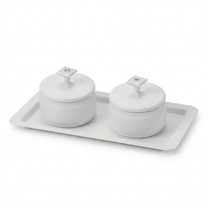Nouveaux plats de service ronds en métal avec couvercle, design minimaliste, couleur blanc uni, lot de 2 sur plateau, bols de service pour dattes - Product Image 4