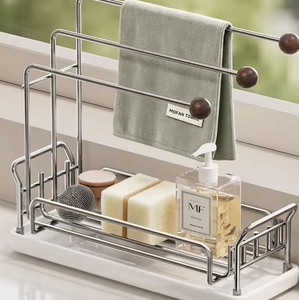 304 Stainless Steel Dishcloth Drainage Rack Multifunction <b>Kitchen</b> Countertop Holder with Wheels - Product Image 4