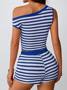 Women's Striped Knitted Crop <b>Top</b> And Shorts Set Off Shoulder Sleeveless Drawstring Waist Blue White Two Piece Outfit - Product Image 5