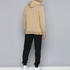 Ensemble de survêtement décontracté pour homme, sweat-shirt à capuche zippé beige et blanc à blocs de couleur, manches longues, avec poches latérales, pour l'automne - Product Image 2