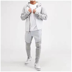 Survêtement gris à capuche pour homme, fermeture éclair intégrale, poches latérales, respirant, décontracté, saison printemps, coupe classique, couleur unie - Product Image 5