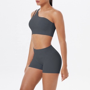 Asymmetric One-Shoulder <b>Crop</b> <b>Top</b> High Waist Shorts 2 Piece Yoga Set Seamless Solid Color Activewear - Product Image 4