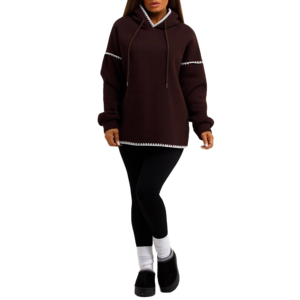 Unisex Brown Hooded Sweatshirt Oversized Long Sleeve Solid Color Knitted Cotton Casual Autumn Wear - Product Image 2