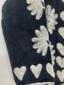 Y2K <b>Black</b> Velvet OPEN CLOSURE Jacket <b>Women</b> MANDARIN Collar Silver Embroidered Floral Heart Pattern Short <b>Coat</b> - Product Image 3