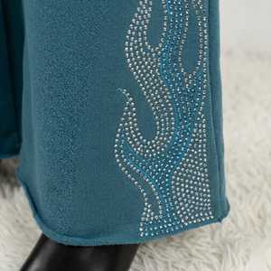 Pantalon de jogging décontracté en coton pour femme, taille haute, coupe large, avec strass et motif flamme, style streetwear tendance - Product Image 4