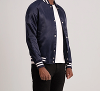 Veste universitaire unisexe en satin bleu marine à rayures blanches, col en V, poignets et fermeture éclair, style bomber sportif, patchwork, écologique