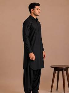 <b>Men's</b> Black Cotton <b>Kurta</b> Pajama Set Ankle-Length Regular Fit Traditional Casual Wear India Pakistan Style Wrinkle Free - Product Image 4