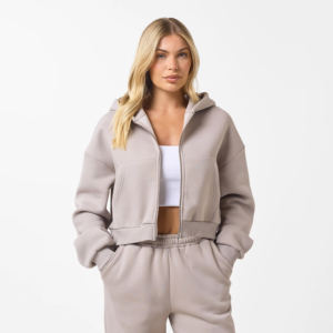 Ensemble de survêtement d'hiver pour femme, couleur chair, épaules tombantes, 100 % coton, à capuche, coupe décontractée, longueur intégrale, délavé à l'acide, couleur unie - Product Image 3