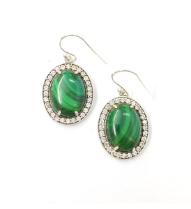 Classic Oval Malachite Drop Earrings 925 <b>Sterling</b> <b>Silver</b> Bezel Set With Diamond Accents Women's Everyday Wear Jewelry - Product Image 3