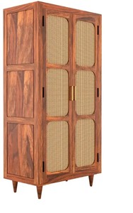 Boho Rattan Door Solid Wood Wardrobe | Mid-Century Cane Armoire with <b>Shelves</b> | Jodhpur Export - Product Image 6