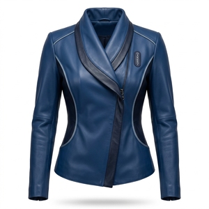 Shawl Lapel Womens Royal Blue Lambskin <b>Leather</b> <b>Jacket</b> Two Tone Fitted Slim <b>Blazer</b> Style Biker Outerwear Deep Navy - Product Image 1