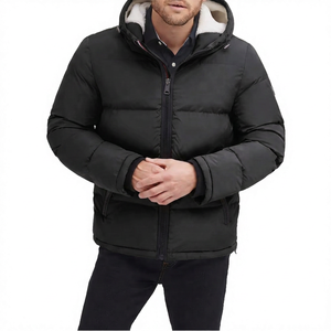 Unisex Gray <b>Hooded</b> <b>Puffer</b> <b>Jacket</b> <b>with</b> Lining <b>Waterproof</b> Breathable Eco-Friendly Zipper Casual Winter Wear Front Logo - Product Image 4