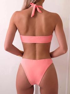 Ensemble de bikini triangle dos nu corail pour femme, couleur unie, extensible, en spandex et polyester, maillot de bain avec bas string, coupe classique - Product Image 4