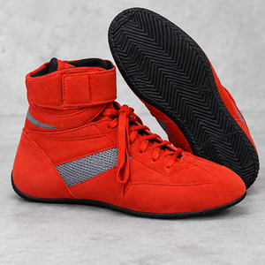 Bottes moto montantes rouges en cuir véritable, longueur cheville, avec fermeture auto-agrippante, respirantes, légères, semelle extérieure en caoutchouc, pour karting et tout usage - Product Image 1