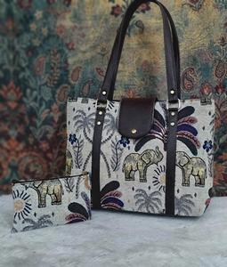 Sac fourre-tout bohème en jacquard imperméable avec broderie éléphant, garniture en cuir marron et pochette assortie Rajasthan pour usage quotidien - Product Image 3