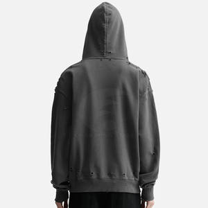 Sudadera con Capucha para Hombre, Corte Regular, 100% Algodón, Felpa Francesa, Impermeable, 300g, Lavado Desgastado, Color Negro Sólido, Informal, Invierno - Product Image 2