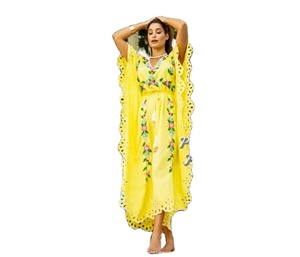 Mujeres manga corta Tie & Dye Floral bordado cuello pico piso longitud Kaftan - Product Image 1