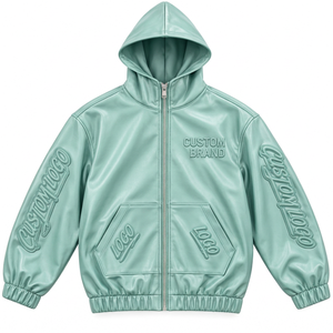 Veste à capuche en similicuir pour homme avec logo personnalisé en relief, fermeture éclair intégrale, coupe décontractée, vêtements streetwear urbains - Product Image 2