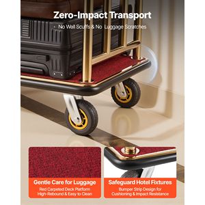 Carrito de Equipaje Resistente para Hotel, Capacidad de 750 Libras, Estructura de Acero Inoxidable, 6 Ruedas de Goma, Plataforma con Alfombra Roja - Product Image 6