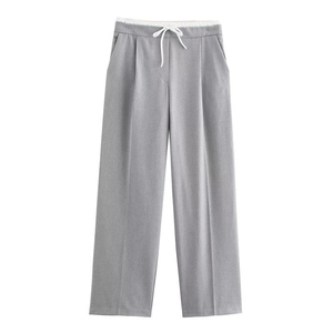 Women Mid Waist Oxford Fabric Viscose/Cotton Drawstring Closure Hip Hop Style Spring <b>Summer</b> Loose Casual Straight Leg <b>Trousers</b> - Product Image 5