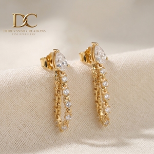 Ethnic Stylish 14KT Solid Yellow Gold Pear Shape Teardrop <b>Dangle</b> Stud <b>Earrings</b> with Lab Grown <b>Diamonds</b> Fine Jewelry for Women - Product Image 3