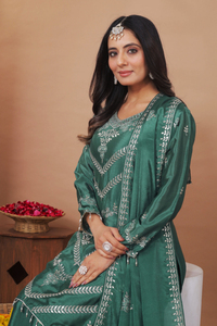 Ladies Fine Crepe Dual <b>Sequin</b> Work <b>Top</b> Plazo Matching Dupatta Set Stitched Indian Ethnic Wear Three Piece <b>Party</b> Suit - Product Image 4