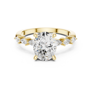Bague de fiançailles en or jaune avec diamant de laboratoire taille ovale et pierres latérales marquise et baguette, bague de mariage - Product Image 2