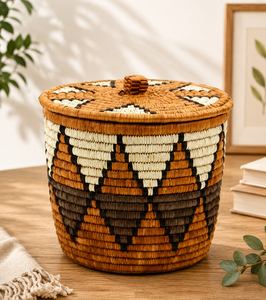 Panier à linge rond en rotin tressé à la main avec couvercle et poignées, rangement écologique, couleur naturelle, usage domestique, Orissa SSD Market - Product Image 5