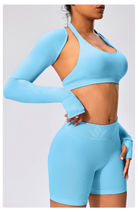 Conjunto de Yoga de 3 Piezas para Mujer, Bra Deportivo, Shorts de Cintura Alta, Top Corto con Orificios para el Pulgar, Ropa Deportiva de Secado Rápido - Product Image 4