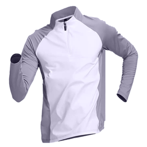 Chemise de sport pour homme, blanche et grise, à blocs de couleur, manches longues, fermeture éclair, ajustée, anti-transpiration - Product Image 6