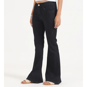 Jean en denim délavé foncé taille haute à jambe évasée pour femme, pantalon décontracté en coton pleine longueur, style automne, design simple 2026 - Product Image 5