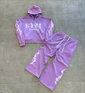 Ensemble de survêtement personnalisé à coupe ajustée avec fermeture éclair intégrale, effet délavé vintage et détails graphiques contrastants, coupe décontractée, sweat à capuche et pantalon de survêtement - Product Image 1