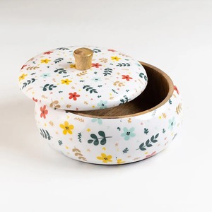 Casserole en bois à motif floral avec couvercle en céramique, boîte de rangement ronde écologique, lavage à la main uniquement - Product Image 5