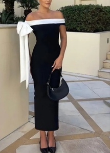 Robe de soirée moulante noire froncée sans bretelles mi-longue pour femme, dos nu, en jersey uni, ornée de sequins, de haute qualité - Product Image 4