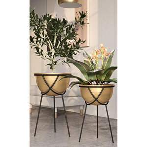 Macetas modernas de metal para interiores, juego de 2, acabado dorado, duraderas, para salas de estar, patio, porche, jardín, césped, flores - Product Image 1