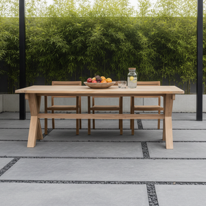 Table de jardin rectangulaire en teck massif de haute qualité, pieds croisés, durable, robuste, design moderne, non pliable, patine grise. - Product Image 5