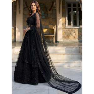 A-Line Mermaid Prom Evening Gown Black Embroidered Net Lehenga Choli for Quinceanera XL - Product Image 4